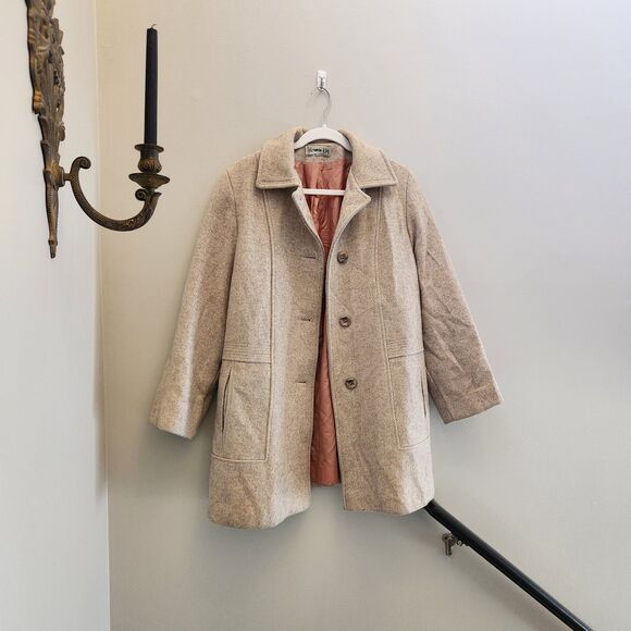 Vtg Herman Kay Beige/Pink Wool Herringbone Pea Coat Light Academia Coquette - Picture 1 of 10